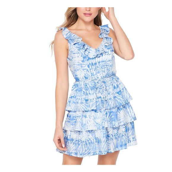 TEEZE ME Dresses & Skirts - TEEZE ME Womens Blue Tie Flutter Sleeve V Neck Mini Party Fit + Flare Dress 1\2
